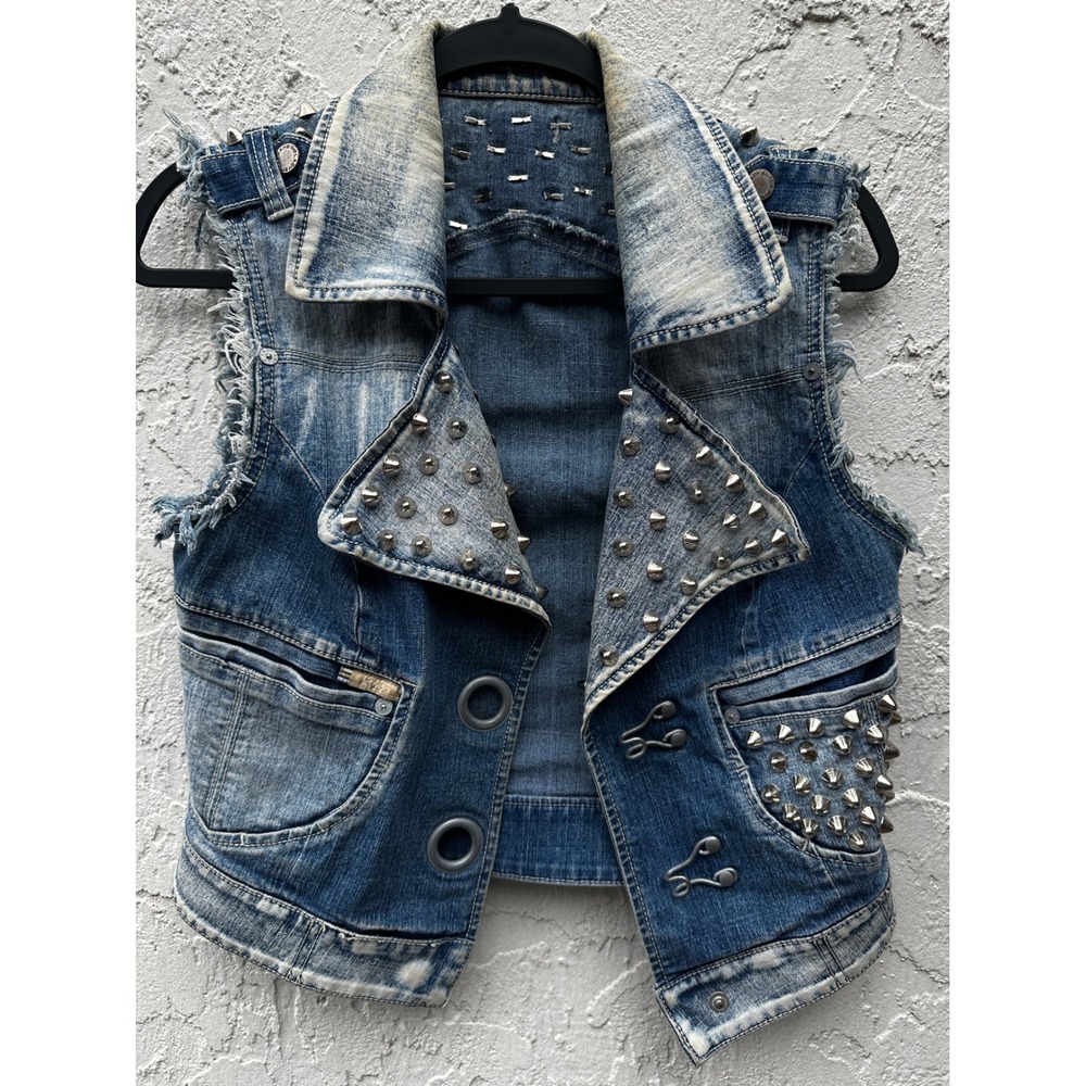 Lady Enyce Y2K Studded Denim Vest Acid Wash Punk Rock Sleeveless Jacket XS